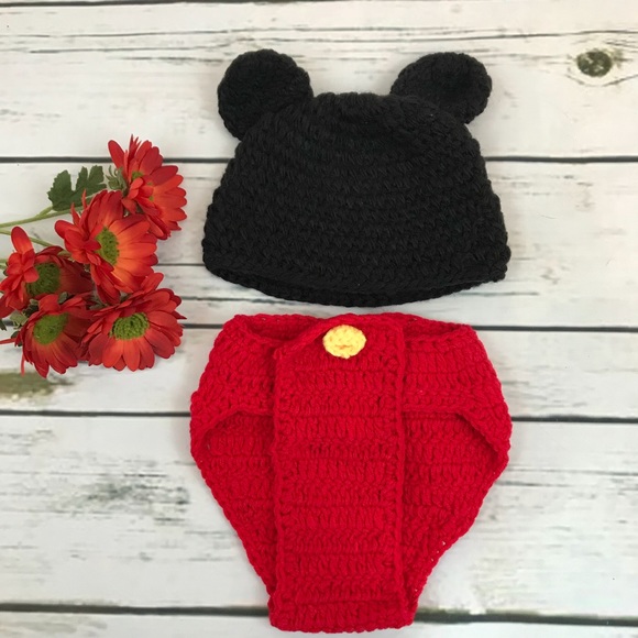 Newborn Baby Crochet Knit Mickey Mouse Outfit Photo Prop - Picture 3 of 9